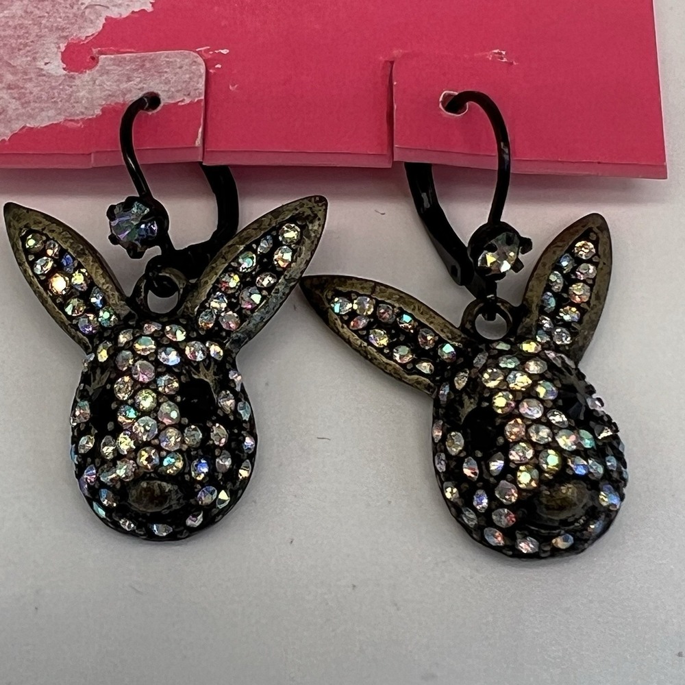 Betsey Johnson Vintage Dark Forest Rabbit Bunny Head Crystal‎ AB Paved Earrings - Picture 4 of 5